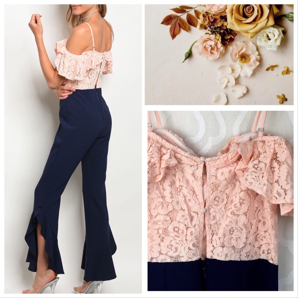 *CLEARANCE* Peach Lace Navy Ruffle Flares Jumpsuit - Picture 4 of 8
